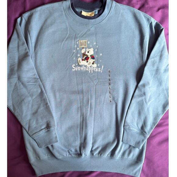 Snowhappens! Cute Blue Winter Crewneck Holiday Sweater Women Large w/ Polarbear - Picture 1 of 7